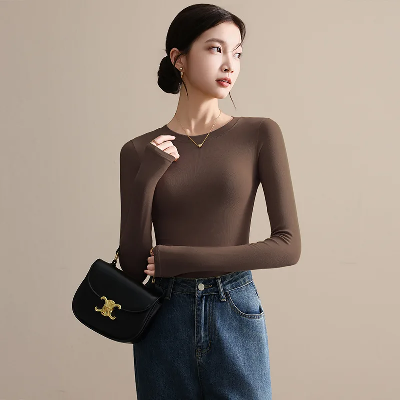 Round Neck Shoulder Long Sleeved Base Shirt for Women 2025 New Autumn Outfit, Slim Fit and Slimming, Inner Top T-shirt