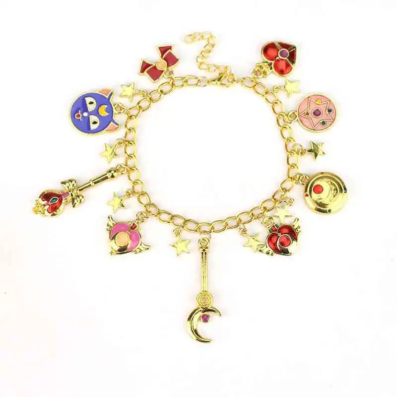 Pulsera de Aleación Combinada para Mujer con Diseño de Chica Guerrera de Dibujos Animados, Agua, Hielo, Luna, Varita Mágica y Estrella Guardiana