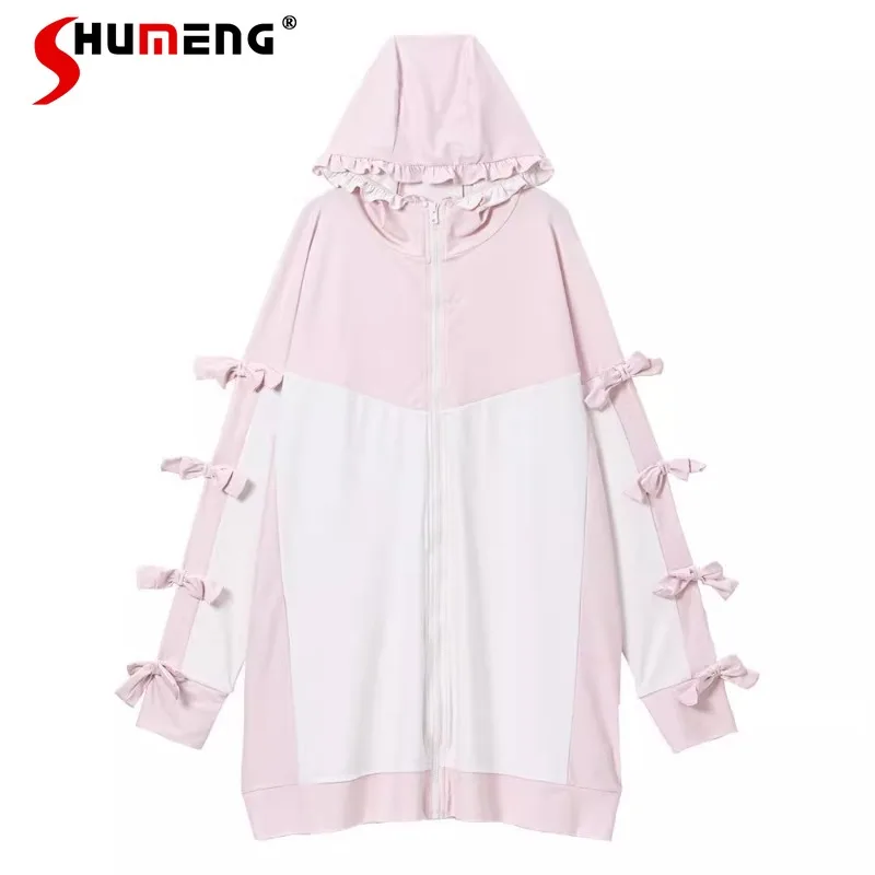 Japanese Rojita Sweet And Loose Sun Protection Shirts Coat Hooded All-Match Solid Color Bow Air Conditioning Clothes Sweatshirts