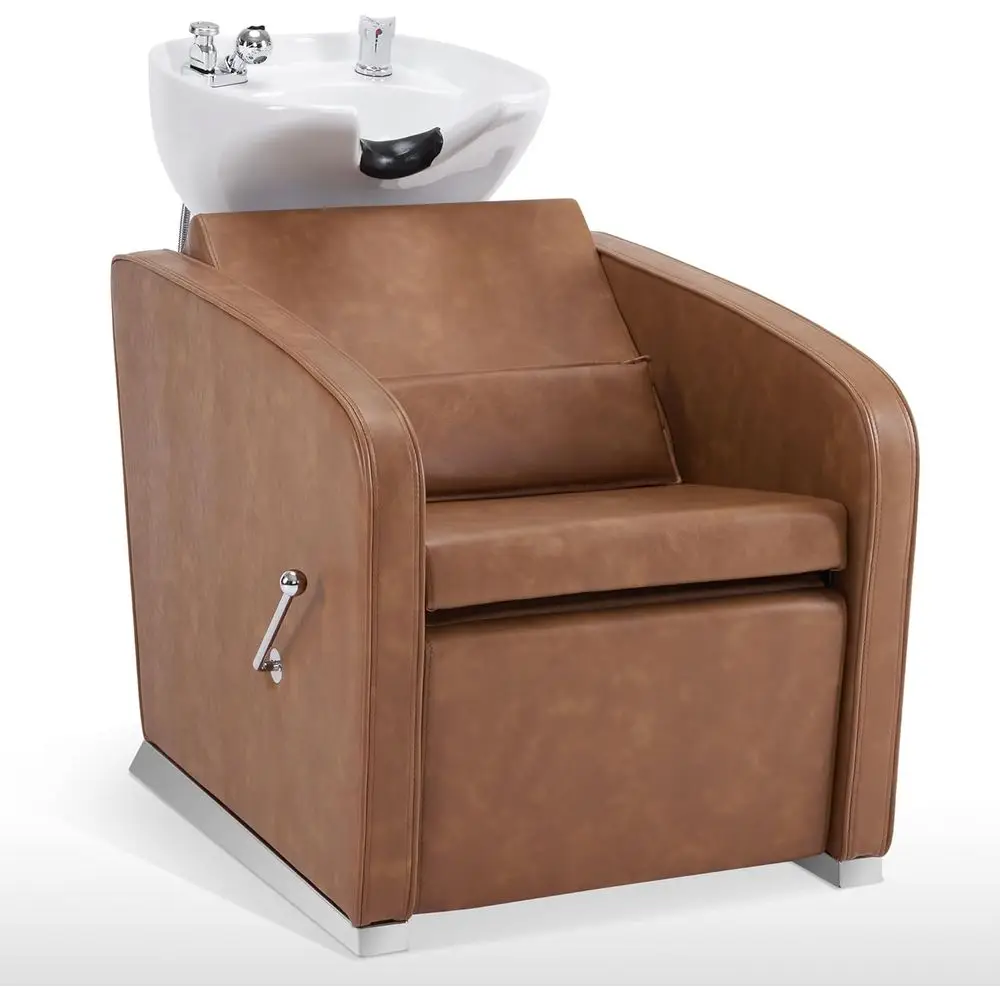 Adjustable Shampoo Chair with Bowl Set, 9303 Brown, 330 lbs Capacity, Wall/Floor Drainage for Salon and Spa