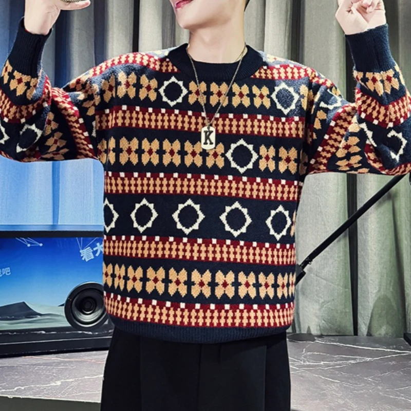 

2025 винтажный жаккардовый вязаный свитер для мужчин, осенне-зимний свитер с длинными рукавами и круглым вырезом, повседневный деловой социальный пуловер