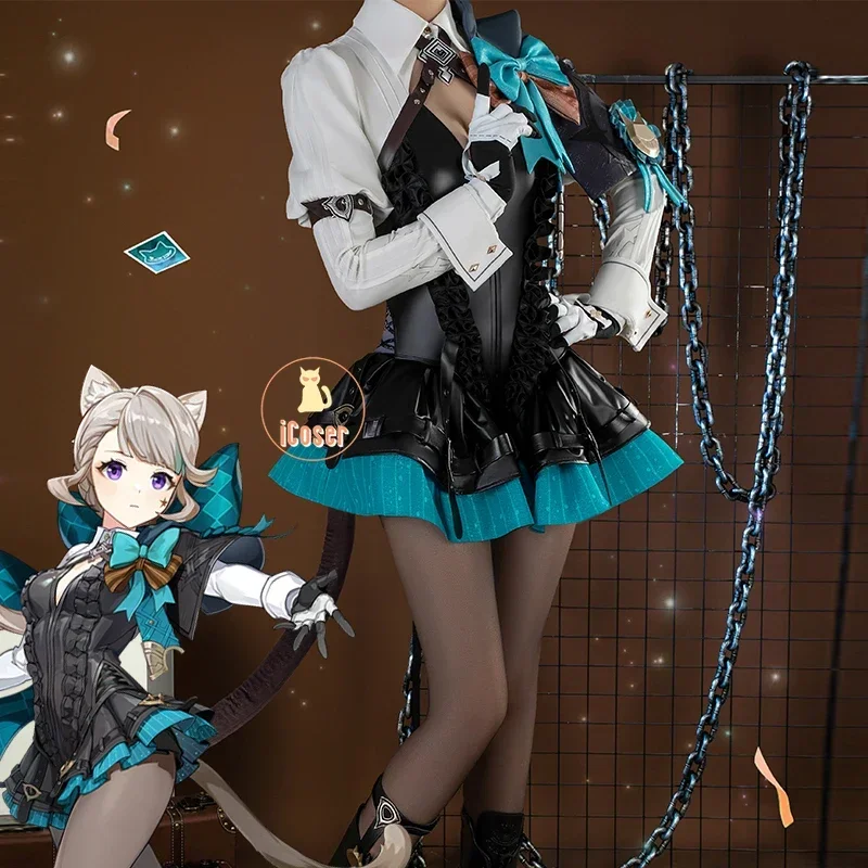 QQ8 2025 Новый Genshin Impact Линетт Косплей Костюм Парик Униформа Платье Хвост Волшебник Уши Юбка Lyney Fontaine Хэллоуин Part5Lk