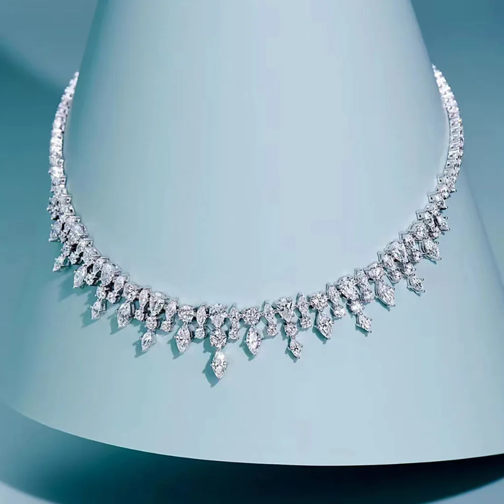 Luxury 100% 925 Solid Silver Water-Droped Topaz Pearl Lab Diamond Pendant Necklace for Women Cocktail Party Fine Jewelry Gifts