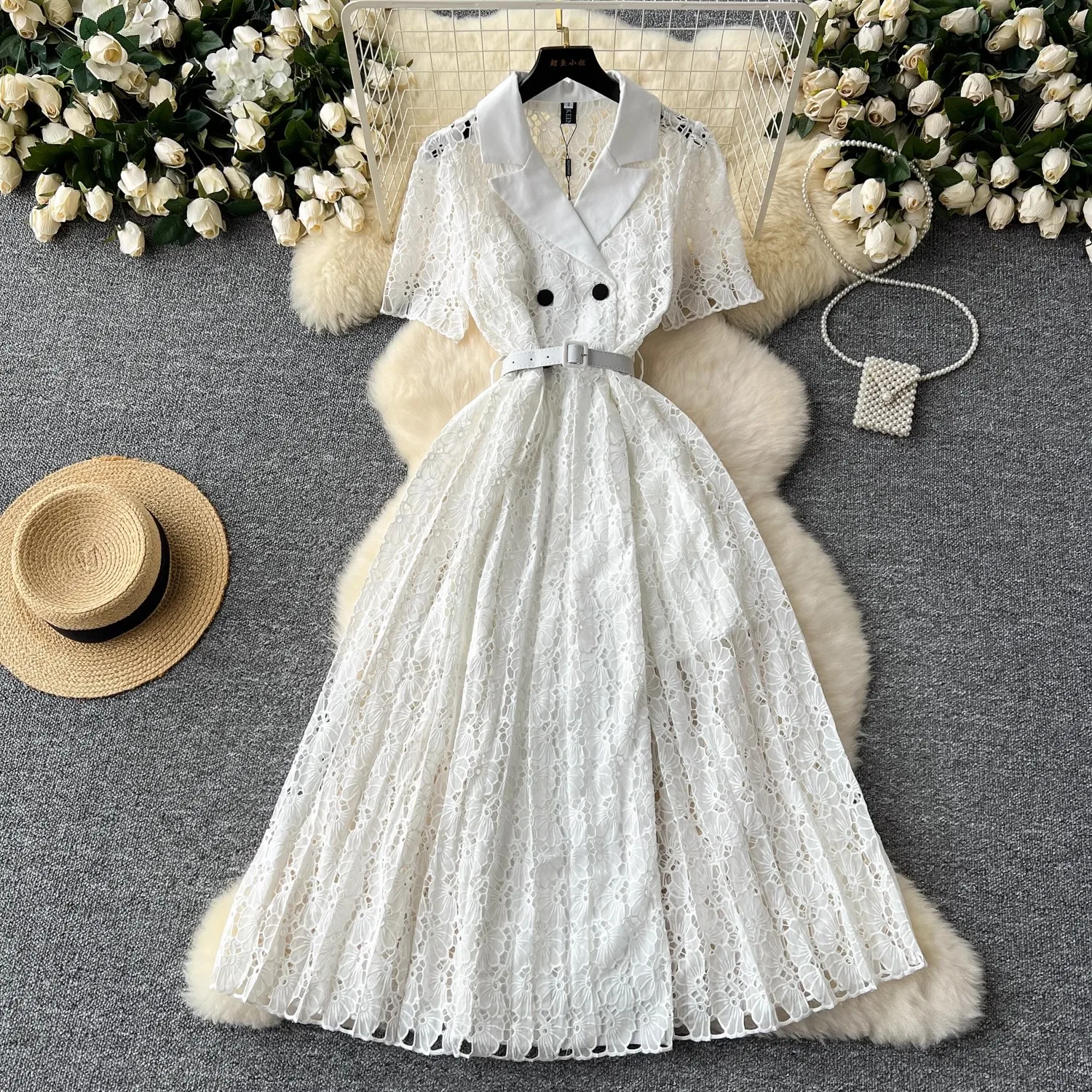

Elegant Crochet Lace Hollow Out Embroidery Dress Women's Notched Collar Double Buttons Belt Slim Waist Casual Party Long Vestido