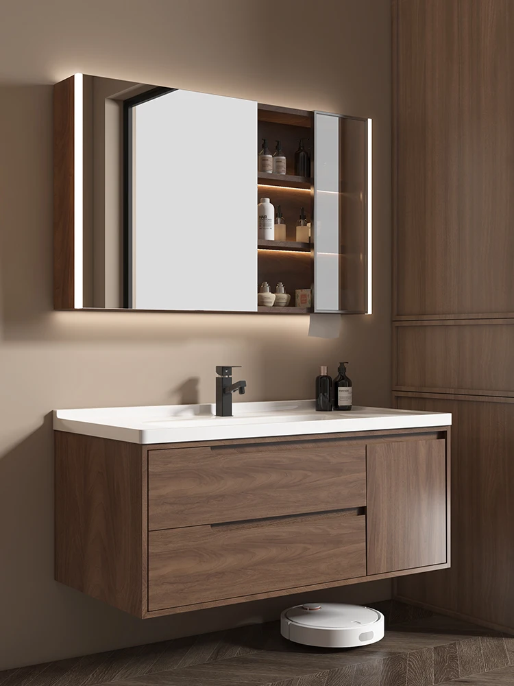 Walnut ceramic whole washbin bathroom cabinet combination bathroom hand washing and face washing washstand