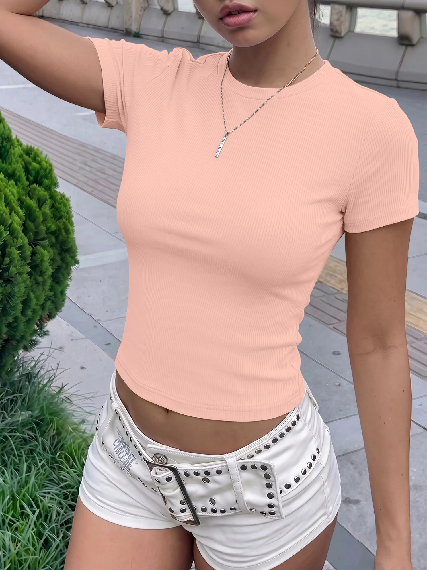 Effortless Summer Ribbed Slim Crop Blouse, Lightweight Short‑Sleeve T‑Shirt for City Walks & Café Visiting Plans