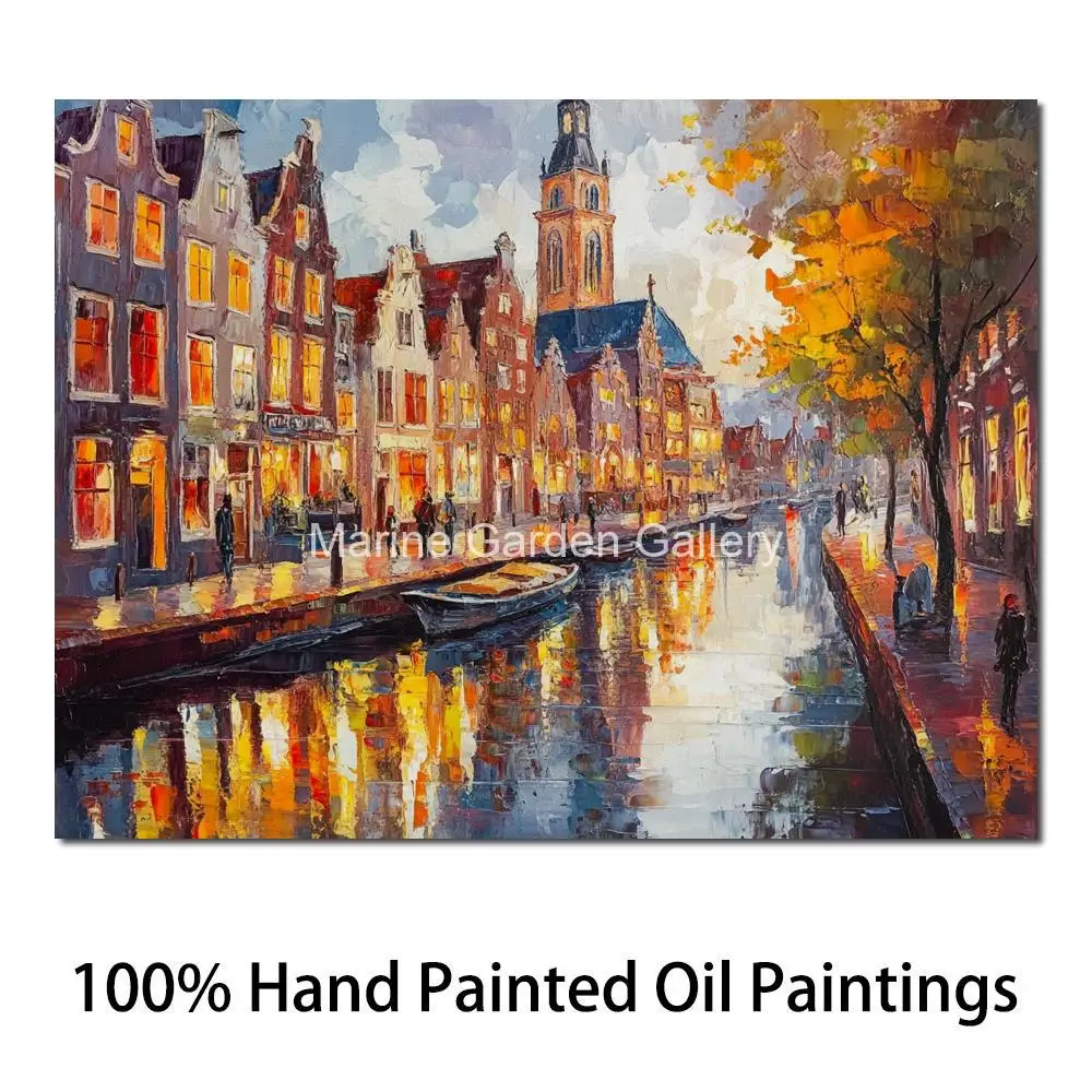 Abstract Cityscapes Canvas Artwork Wall Art Handmade Oil Painting Utrecht Canal Modern Landscape for Bathroom Home Office Decor