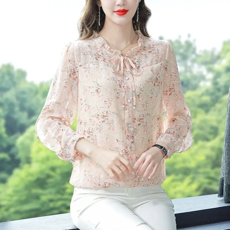 Women Ruffle Lace Up Elegant Blouses Spring Autumn Korean Floral Print Shirts Chic Sweet Long Sleeve Tops Blusa Mujer Moda 2023