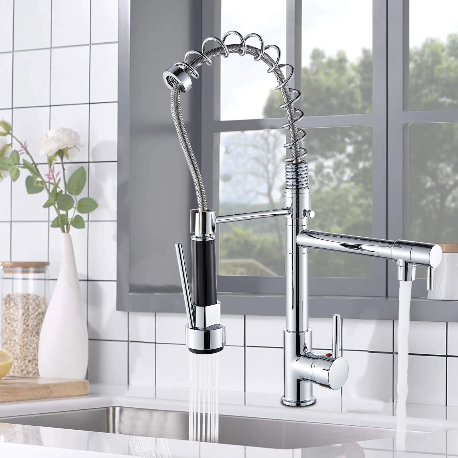 

Chrome Spring Kitchen Faucet Pull Down Sprayer Swivel Single Handle Sink Mixer
