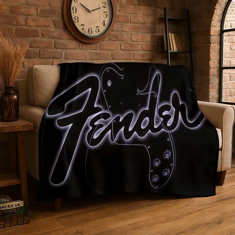 HD Retro Fender Logo Guitar Instruments Music Flannel Blanket Soft Warm Throw Blanket for Bedroom Living Room Bed Travel Picnic