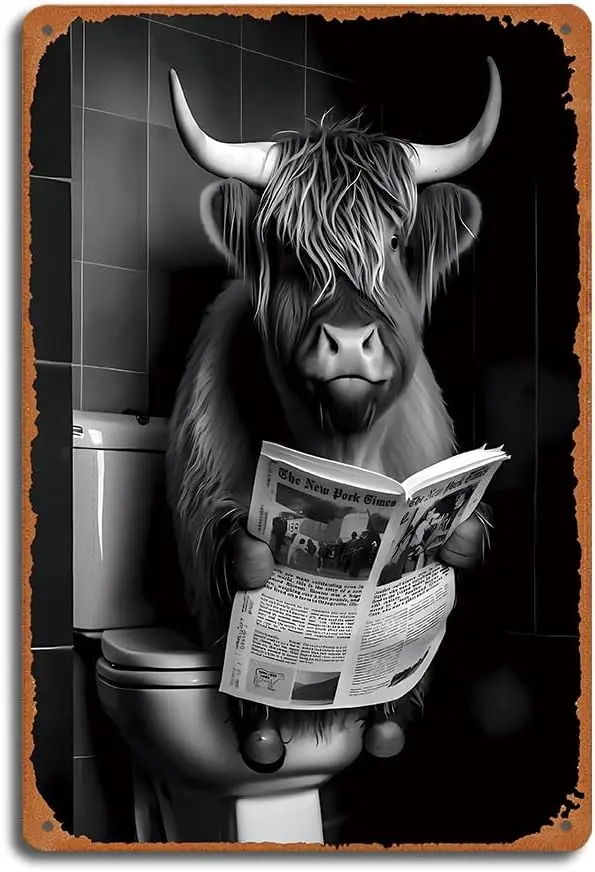 Vintage Bathroom Decor Tin Sign, ;Reading Bull; Comic Art,  Metal Wall Rustic Farmhouse Style Humorous Decoration for Home,