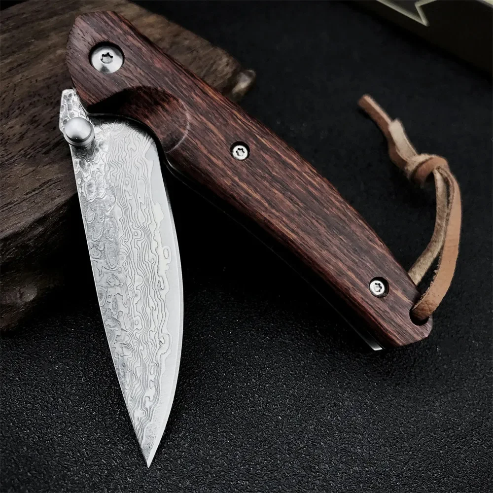 Real Damascus Steel Folding Tactical Combat Knife Pocket Knives Wood Handle Utility Survival Outdoor Hunting Tools EDC