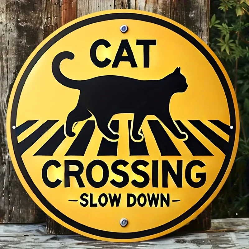 Round Cat Crossing Metal Tin Sign,Slow Down Cat Warning Aluminum Plaque Vintage Wall Decor for Garden Yard Home Wall Art