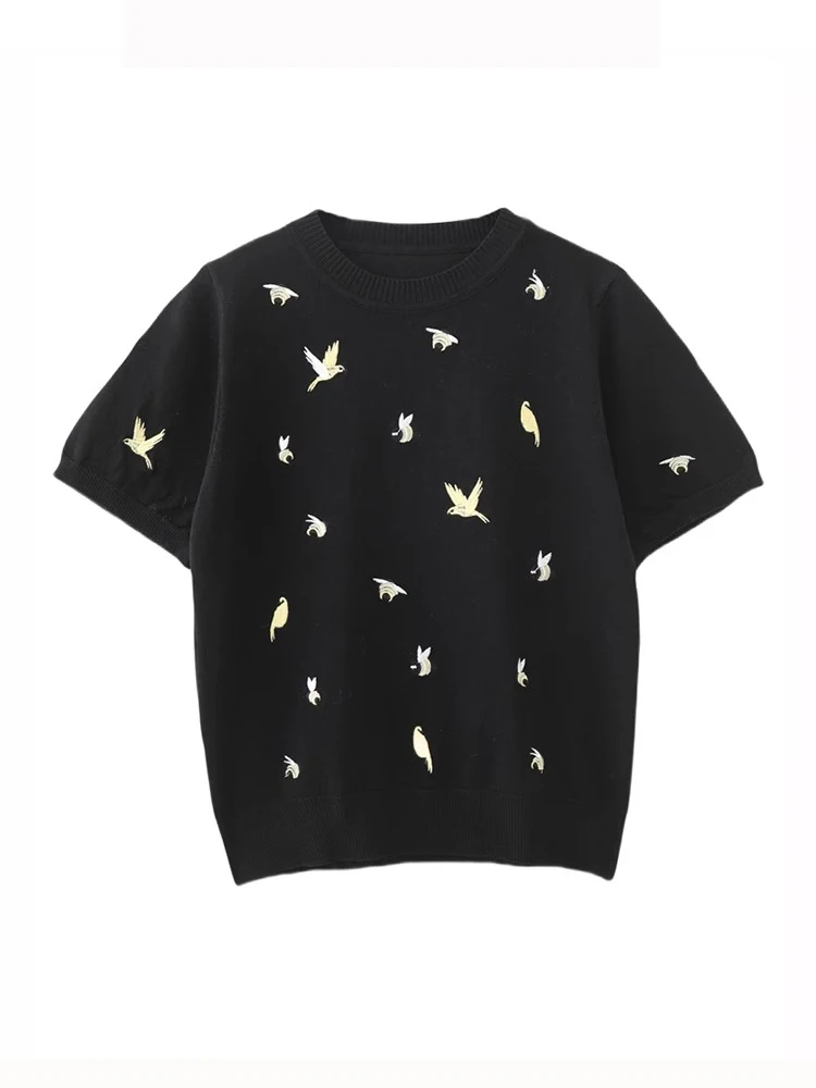 Factory Direct Summer New Style Round Neck Bird Embroidery Short Sleeve T Shirt Women Casual Comfortable T-shirt B-001 image 3