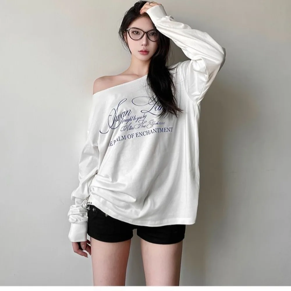 

Y2K Oversized One Shoulder T-Shirt Women's Graphic Letter Print Streetwear Summer Casual Comfort Fit Loose Top