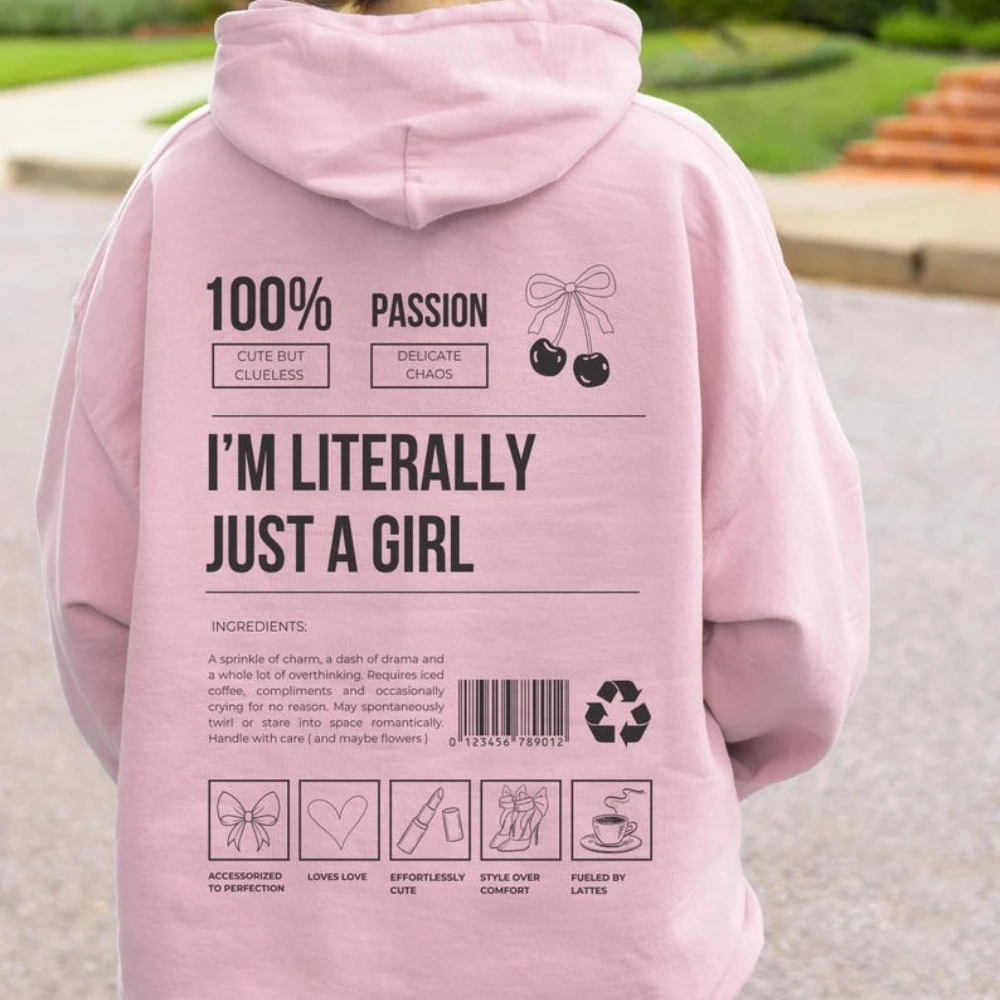 Im Literally Just A Girl Hoodie Funny Coquette Bow Back Print Cute Gift for Her Soft Aesthetic Loose Winter Seasons Streetwear