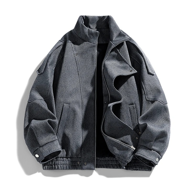 

Multi-Panel Design with Unique Aesthetics, Wave Texture, Double-Layer Collar Biker Jacket, Faux Two-Piece Woolen Coat