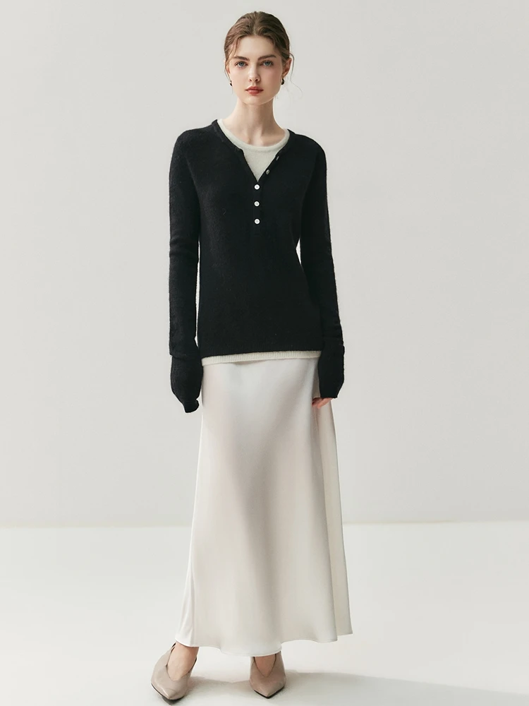 

100% Cashmere Pullover Women's Round V-neck Sweater Color Blocking Knitwear Autumn Winter Fake Two Piece Cashmere Leisure Tops