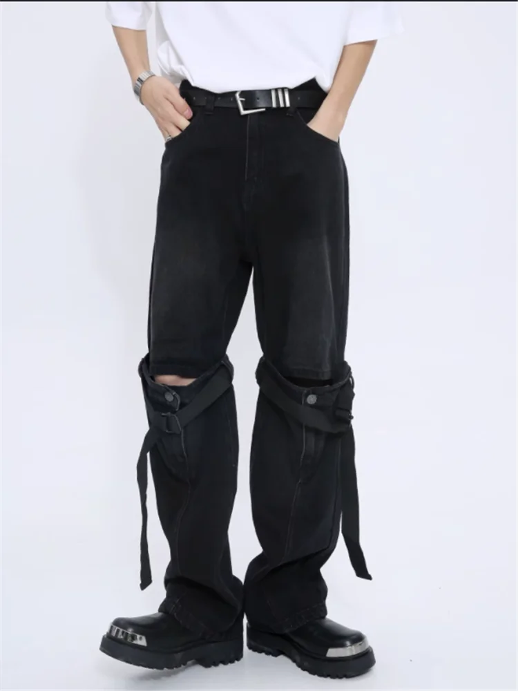 2023 Men's fashion Korean minority knee hole braid design loose straight leg black casual jeans