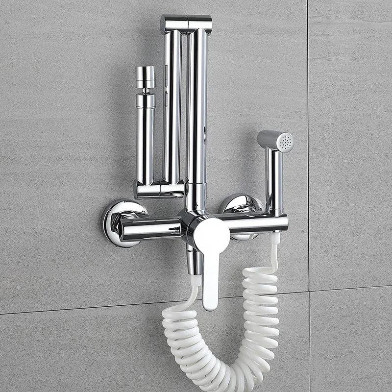 

Folding Kitchen Sink Faucet with Sprayer Wall Mounted 2 Modes Rotatable 360° Sink Faucet Dual Hole Hot and Cold Mixer Tap Chrome
