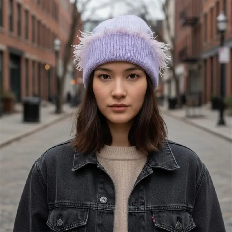 Ostrich Plush Knitted Brimless Hat for Women Men Polyester Winter Pullover Hat For Outdoor Activity Cold Weather Headwear Y08E