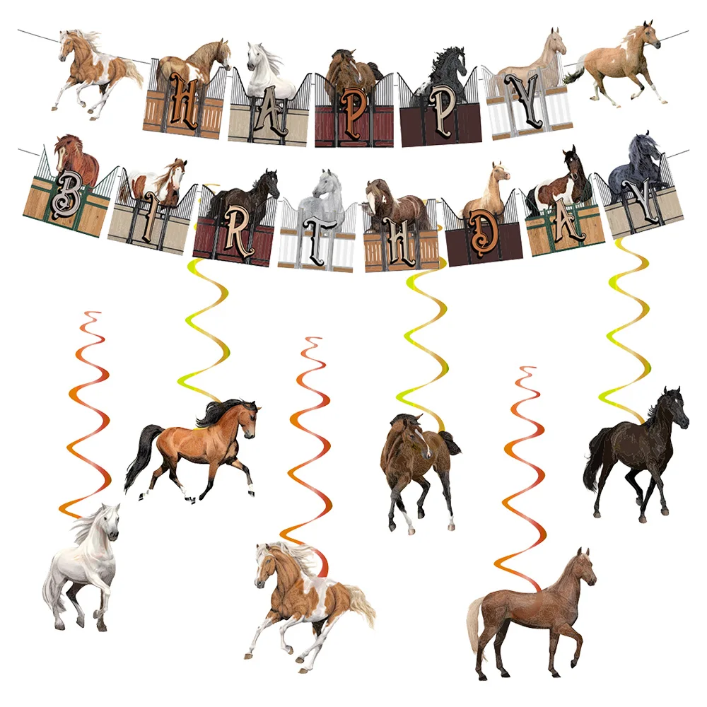 Bannière de fête de course de chevaux, guirlande suspendue, décor de tourbillons, décor de fête de chevaux pour enfants garçons, décor de fête d'anniversaire sur le thème