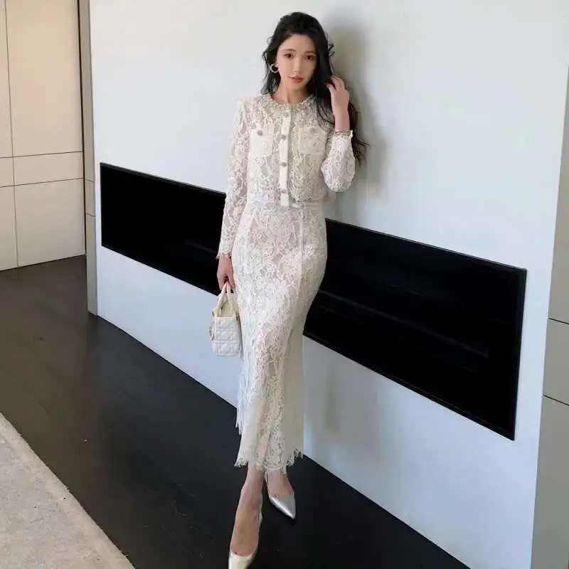slim fit dress slacks Long Sleeve Lace Two-Piece Dress Turquoise/Gold / 0