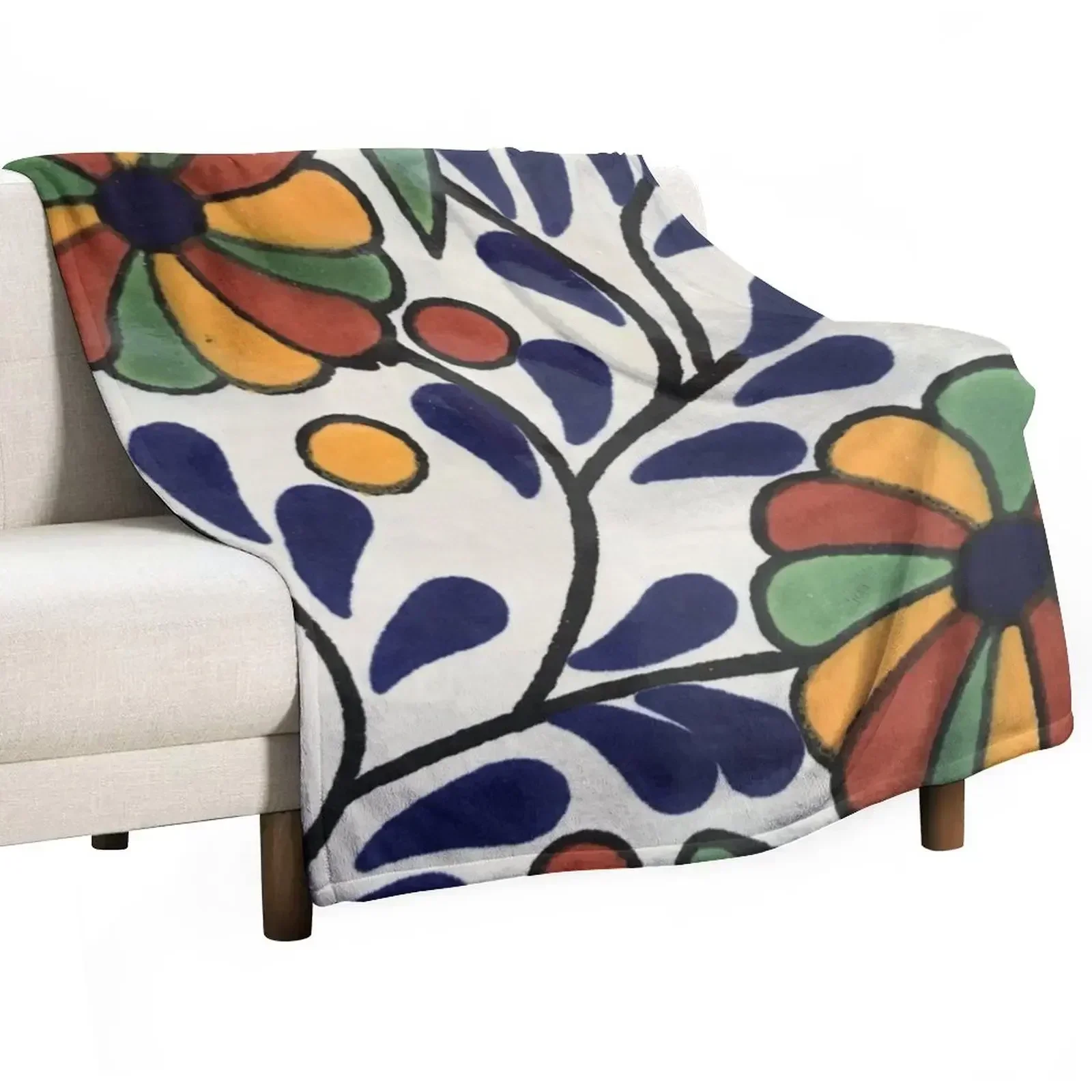 Glazed Talavera Floral on Ceramic Hand Painted Mexican Tile Throw Blanket for sofa Decoratives Blankets