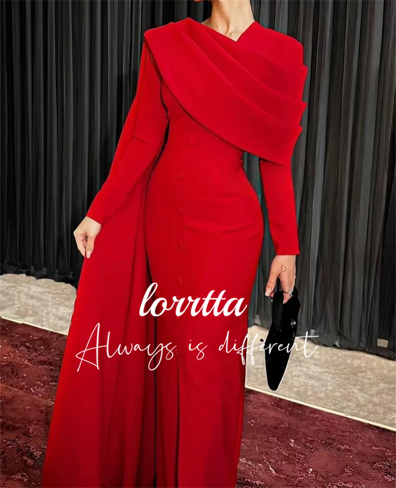 

Lorrtta Vintage Mermaid Red Satin Evening Gown Long Sleeve Ankle Pleated Ball Gown فساتين للحفلات الراقصة مناسبة رسمية السهرة