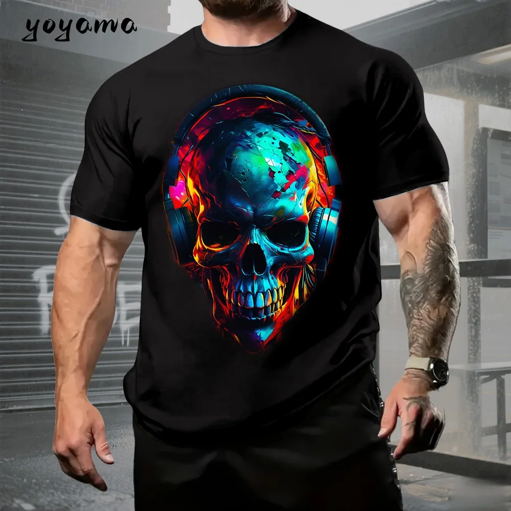 Men's T-Shirt Skull Geometric Art Colorful Fantasy Graphic Skull T-Shirt Short Sleeve Tee Oversized Casual Hip Hop Men's Clothes
