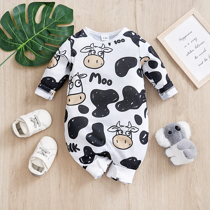 Newborn Baby Boys and girls Fashion Spring and autumn Clothes Long sleeves and Round Collar Cow print Jumpsuit 0-12 months