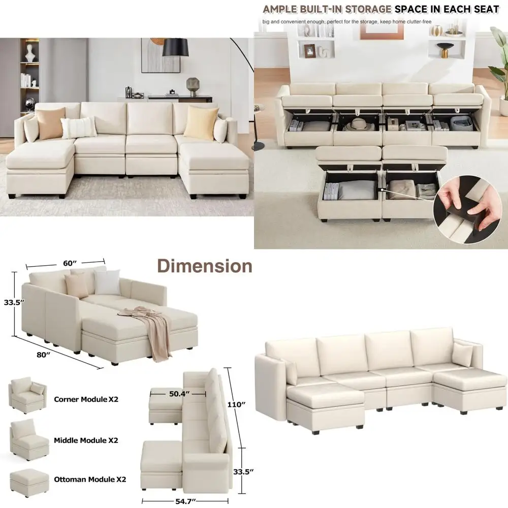 

Трансформируемый модульный диван с местом для хранения вещей, U-образный диван для гостиной, в комплекте пуфика, высококачественный секционный диван