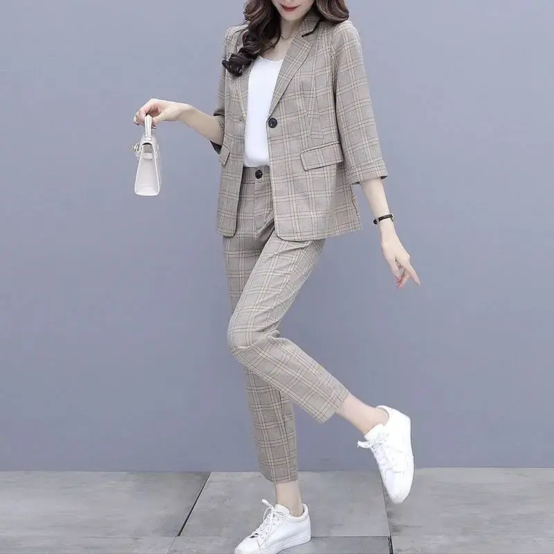 

Small Suit Set Women Spring Autumn Elegant Korean Style Youthful Professional Wear Plaid Fashion Two Piece Outfit