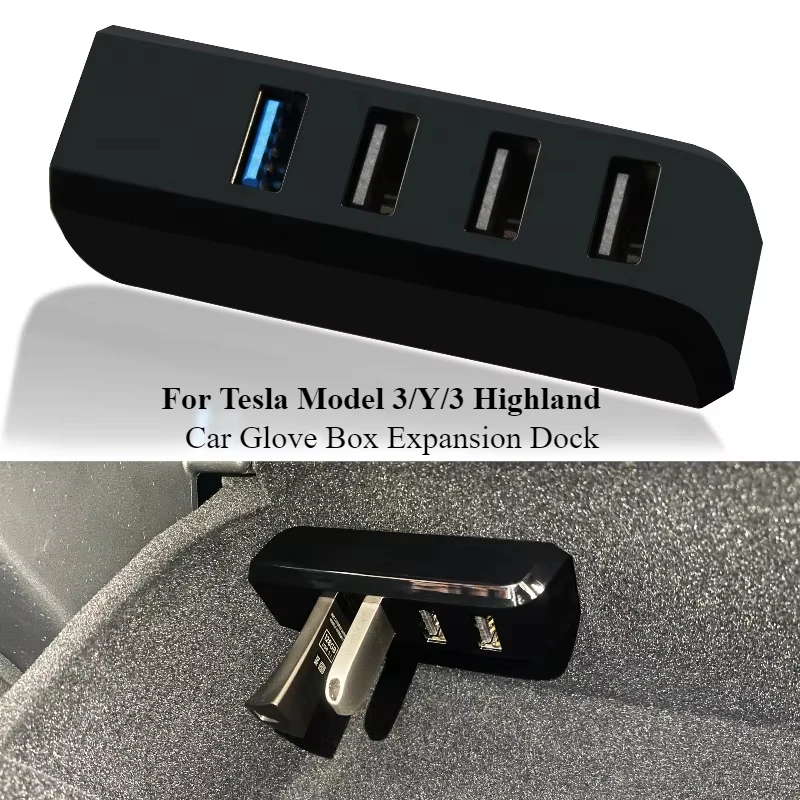 Car Glove Box Expansion Dock For Tesla Model 3/Y/3 Highland 4-in-1 USB Hub Extender Power Splitter Upgrade Data Transfer Adapter