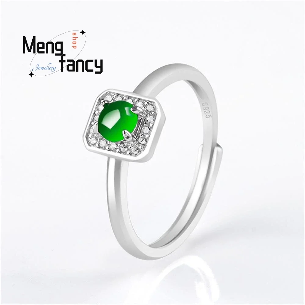 

S925 Silver Inlaid Natural A-goods Jadeite Yang Green Ice Jade Ring Adjustable Couple Promise Exquisite Luxury Fashion Jewelry