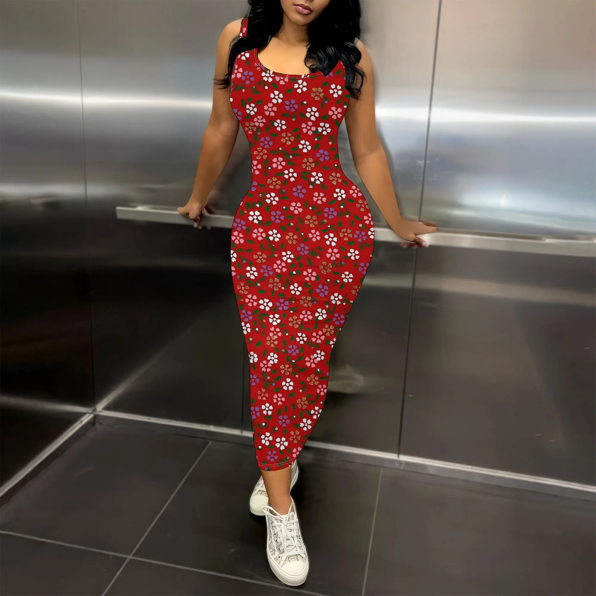 

Women's Red Abstract Sleeveless Printed Dress Polyester Shift Knee Party Fall Bold Pattern