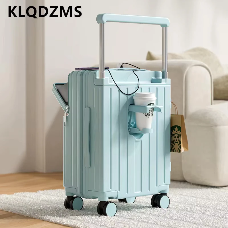 KLQDZMS ABS+PC Suitcase Front Opening Boarding Case USB Charging Multifunctional Trolley Case 20“22”24