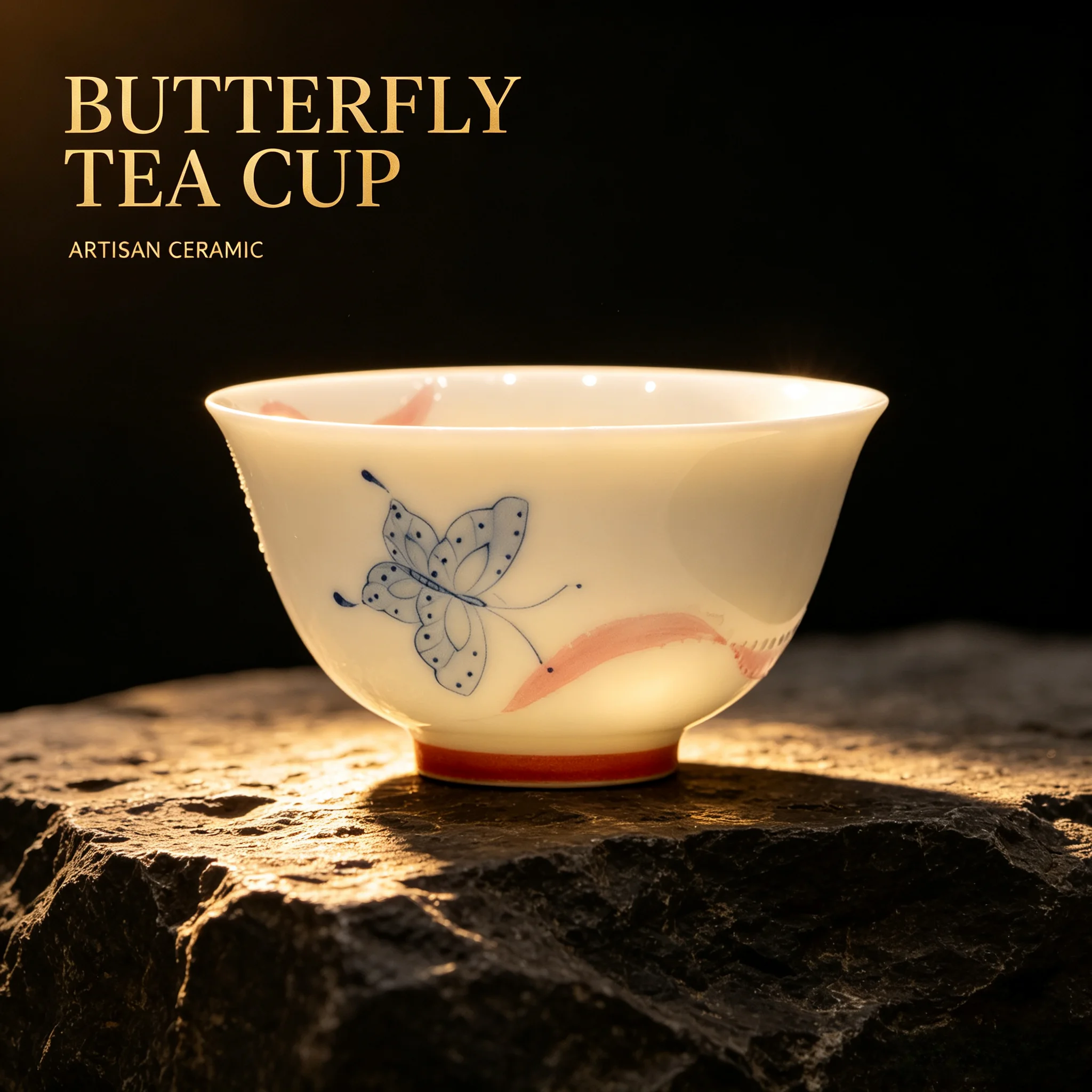 Hand‑Painted Pink Shadow Blue Butterfly Ceramic Master Cup Kung Fu Tasting Tea Cup Single Household Drinkware Holiday Gift