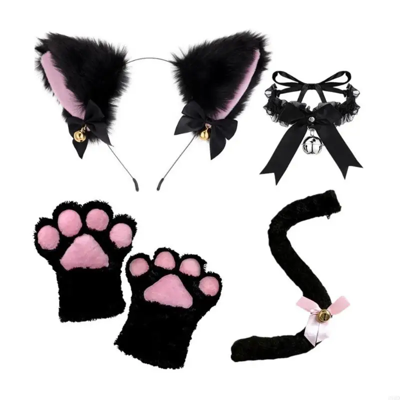 39BD Katzenkostüm-Set, Katzenohren, Stirnband, Schwanzglocke, Spitze, Halsband, Handschuhe für Kinder, Mädchen, Jungen, Halloween, Kostüm, Cosplay, Party-Requisiten