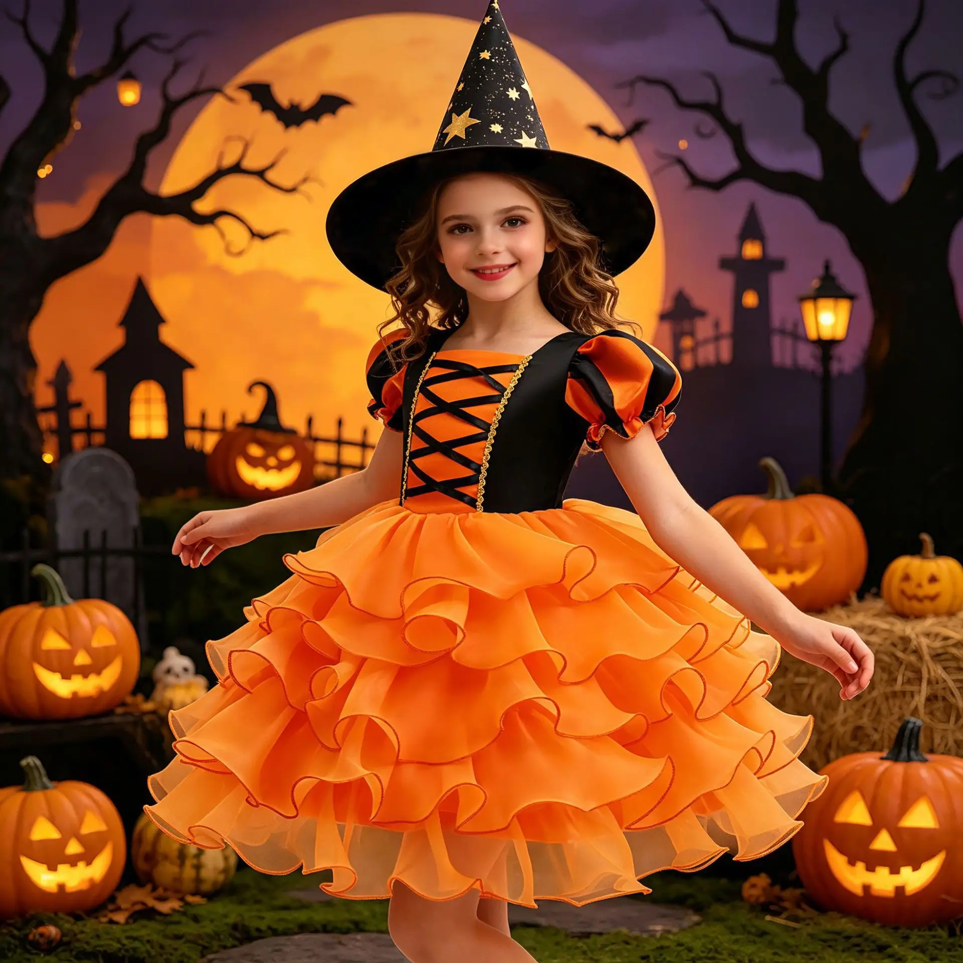Girls Halloween Costume Puff Sleeve Ruffled Tiered Tulle Dress+Witch Hat+Pumpkin Candy Bag Trick or Treat Party Kid Outfit 3pcs
