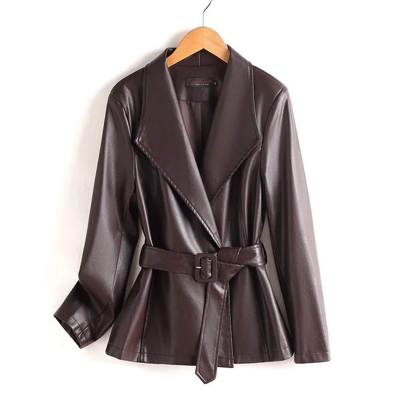 This Autumn Waist-cinching Slimming Short Women's Leather Jacket with A Lapel Tie Is Suitable for Commuting. Elegant Versatile.