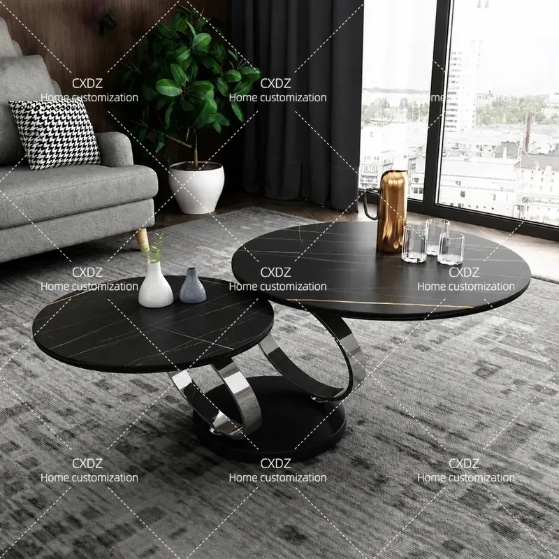 Nordic Rock Slab Coffee Table Living Room Rotating Modern Combination Round Household Telescopic Stainless Steel Center Table