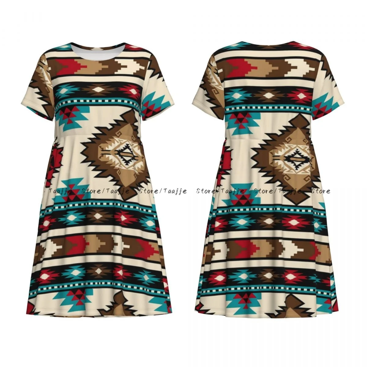 Letnia sukienka damska z indyjskim wzorem, styl indiański, codzienna, plażowa, na wakacje, z krótkim rękawem, okrągły dekolt, damska sukienka midi.