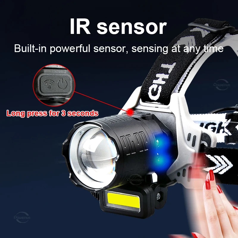 2*800W Powerful Headlamp 18650 Rechargeable Lamp IR Sensor Super Powerful Head Flashlight 4KM Long Range LED Headlamp Fishing