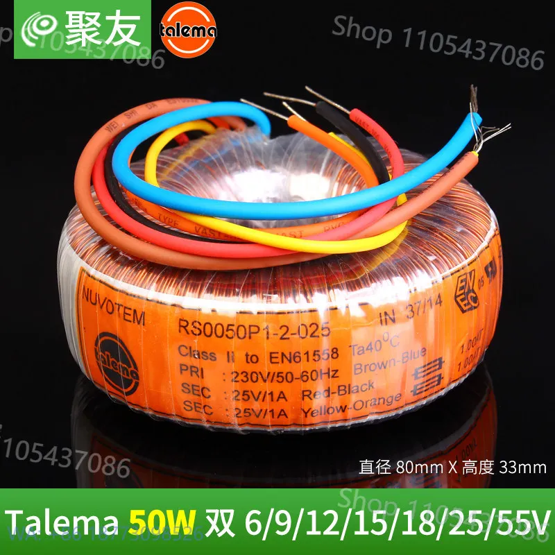 Transformador Toroidal Talema de 50W, Doble Salida 6V 9V 12V 15V 18V 25V 55V, Tipo Anillo, 50VA