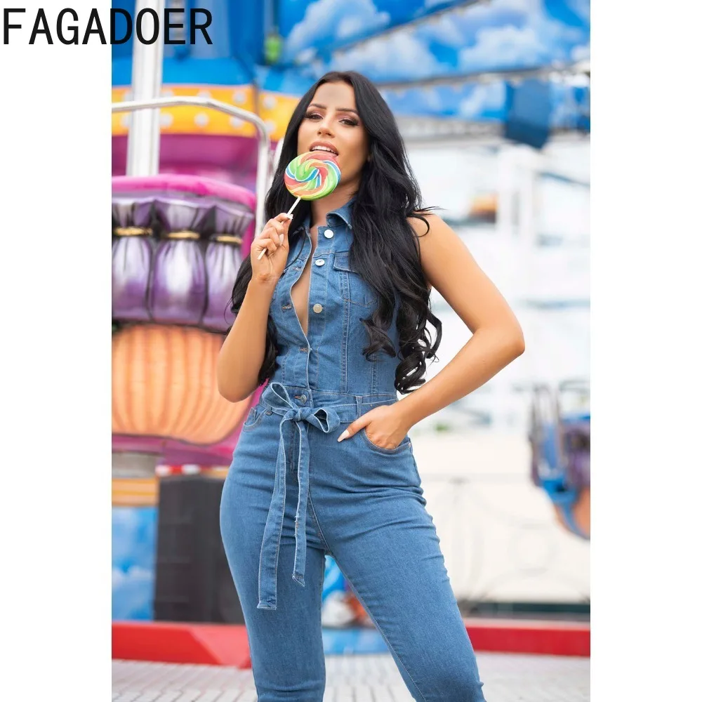 FAGADOER jumpsuit balutan Bodycon kancing Fashion Denim jumpsuit wanita kerah Turndown tanpa lengan playsuit ramping overall koboi kasual