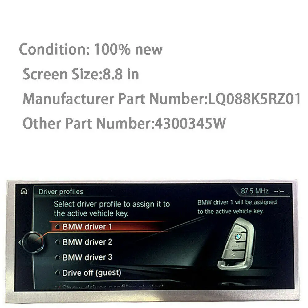 Tela de exibição Navi para BMW, LQ088K5RZ01, 4300345W, 65509370870, 8,8 ", X3, X4, F25, F26, NBT, EVO, OEM, conjunto, novo