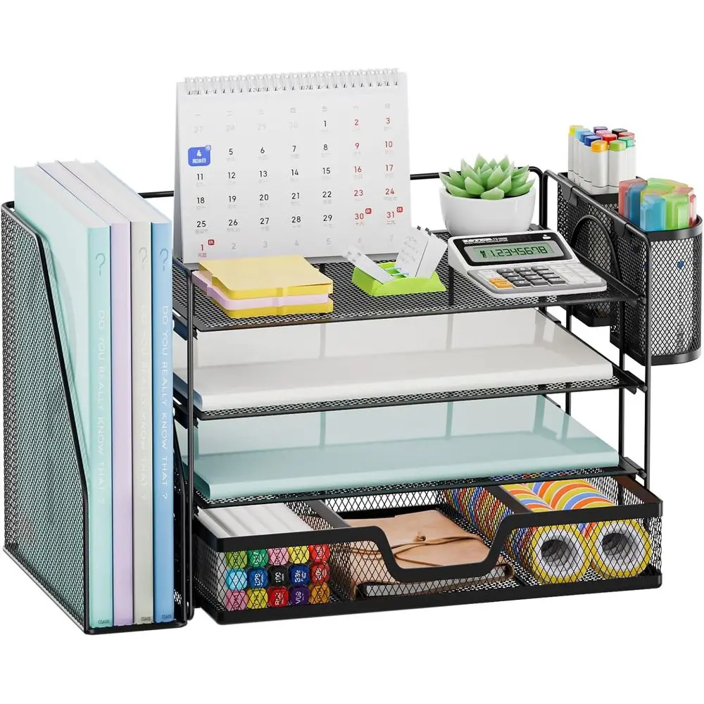 Desk Organizer and Accessories，4-Tier Paper Letter Tray Organizer with File Holder, Desk Accessories & Workspace Organizers with