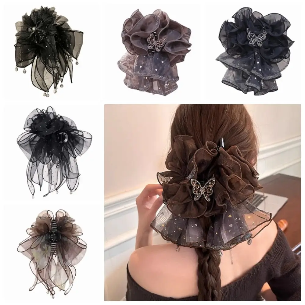 

Large Bow Hair Claw Clips Retro Ribbon Gold Foil Women Shark Clip Ruffle Design Light Luxury Grab Clip Hairstyling Accessories