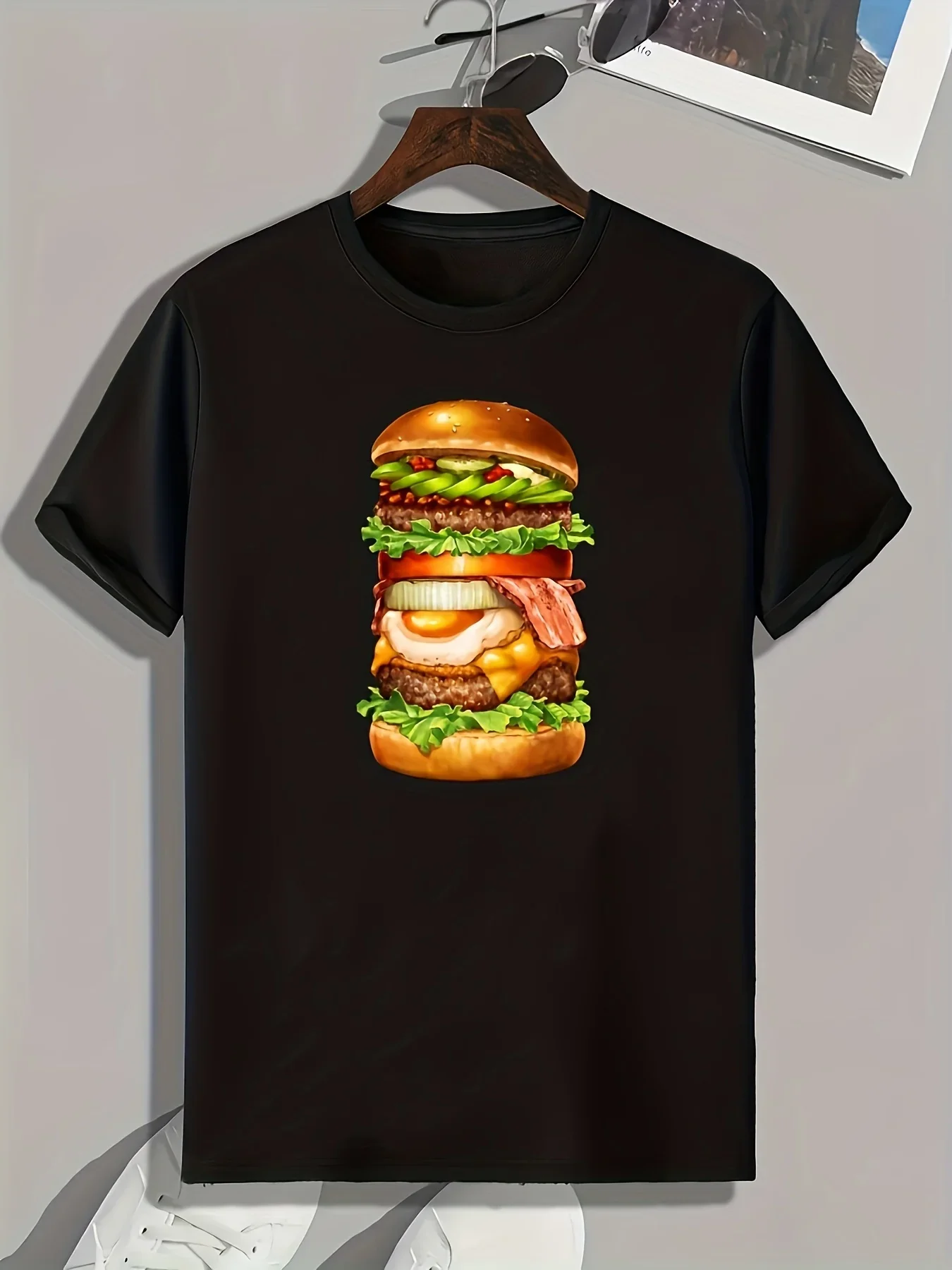 Funny Hamburger Tower Print Men Graphic T-shirt Casual Comfy Cotton Tees for Summer Outdoors Mens Clothing